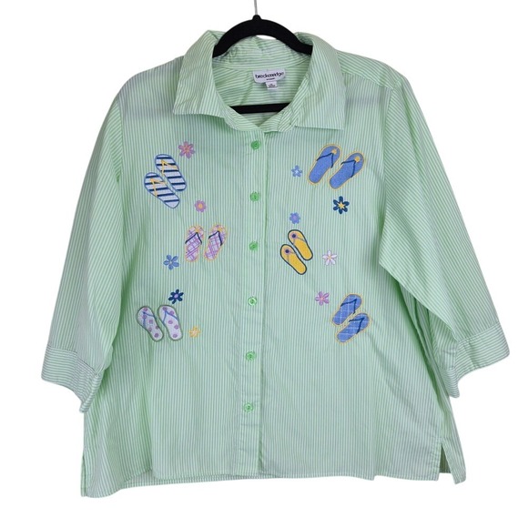 breckenridge Tops - Breckenridge Woman Short Sleeve Button Shirt 1X‎ Cottagecore Stripes Embroidered